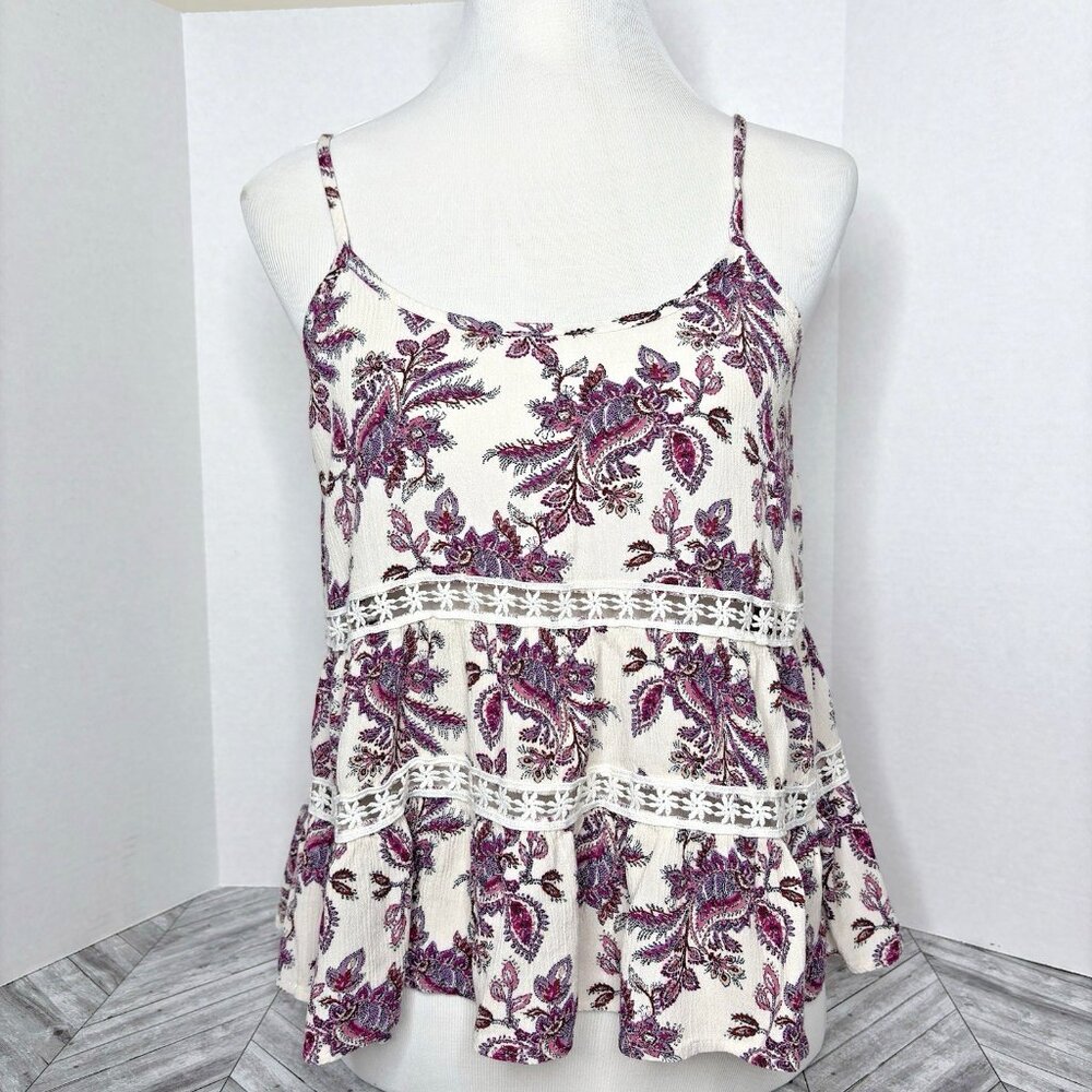Love & Piece Wine  and White Smocked Cropped Tank Spaghetti Strap Lace BOHO EUC
